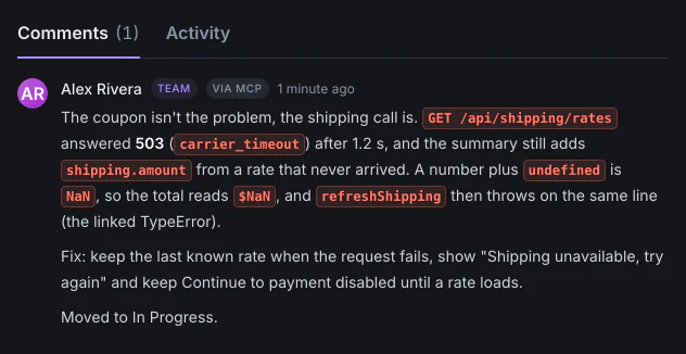 Ein Kommentar, den ein KI-Assistent über MCP in der Aufgabe hinterlassen hat: die Ursache des Bugs und der Fix