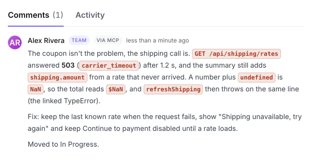 Ein Kommentar, den ein KI-Assistent über MCP in der Aufgabe hinterlassen hat: die Ursache des Bugs und der Fix