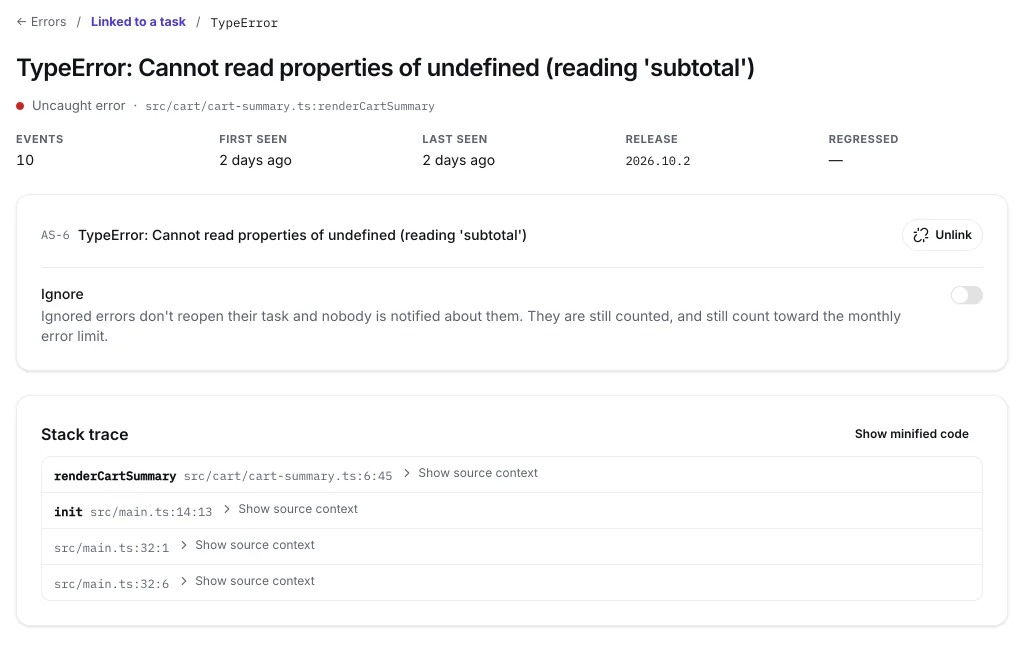 Ein erfasster Fehler mit Anzahl der Ereignisse, Release und einem Stacktrace, der auf den Quellcode zurückgeführt ist