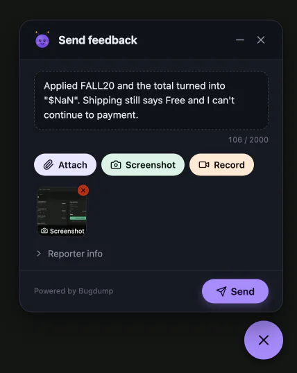 Das BugDump-Widget in einem Shop: eine Beschreibung, ein Screenshot mit Markierungen und der Button „Senden“