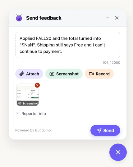 Das BugDump-Widget in einem Shop: eine Beschreibung, ein Screenshot mit Markierungen und der Button „Senden“